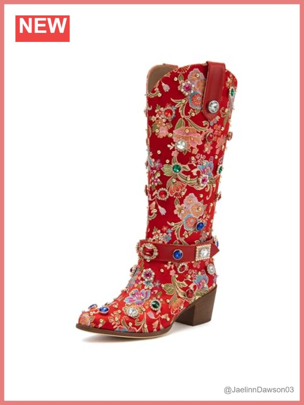 Sparkly Rhinestone Cowgirl Boots Pointed Toe Chunky Heel Mid-Calf